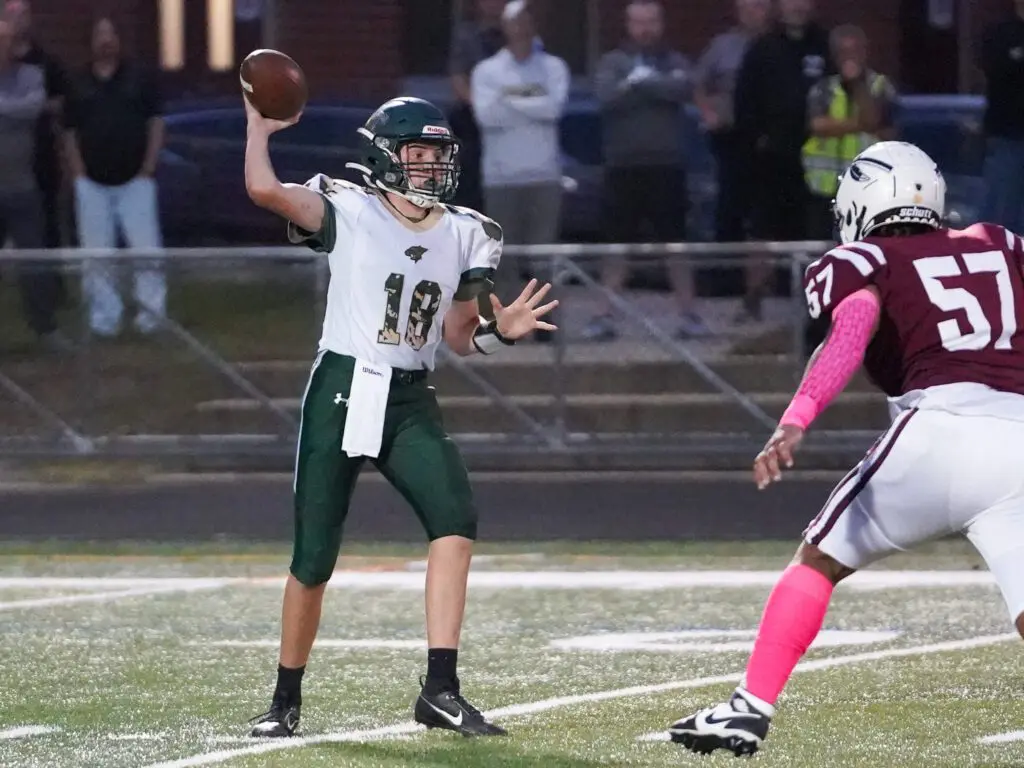 Pinelands quarterback Ty Kline attempts a pass in a 2023 game vs. Toms River South.