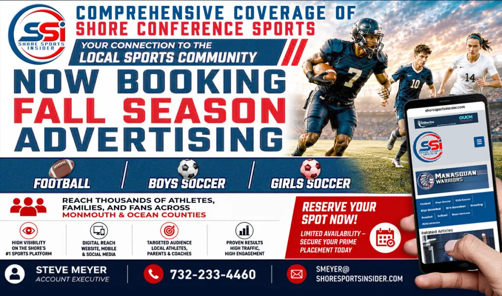 Promotional banner for Shore Sports Inside advertising fall season with football players and a smartphone screen showing the site app.