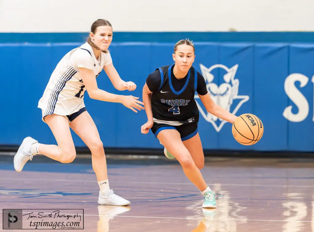 Ava Coyle bringing the ball up for Shore Regional against Ranney. 1/6/25 Photo by Tom Smith