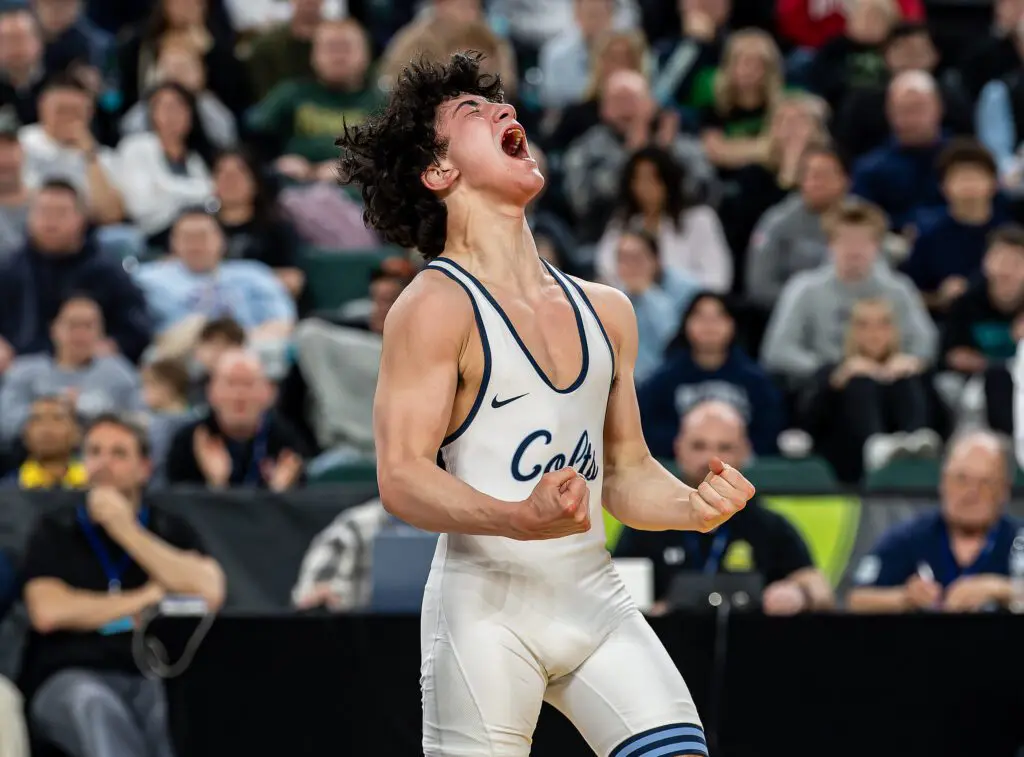 CBA's Paul Kenny celebrates winning the 120-pound state title. (Photo by Tom Smith/tspsportsimages.com) 
