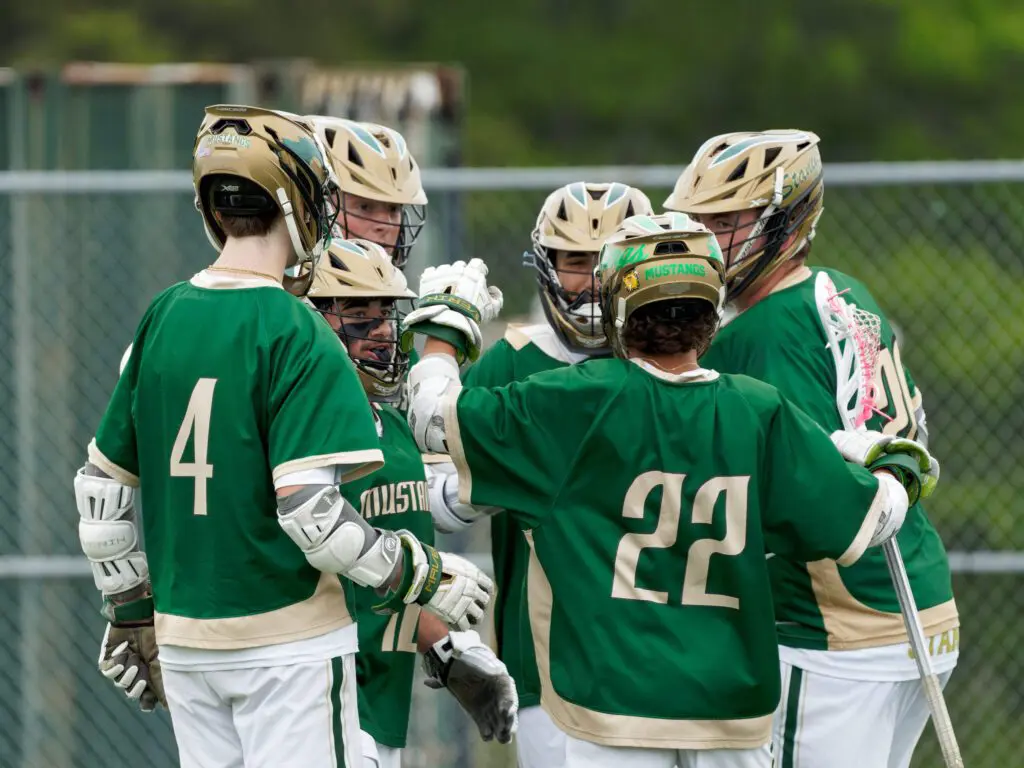 The Mustangs' offense celebrates a goal during Brick Memorial's 11-1 win over Toms River North in the 2025 Shore Conference Boys Lacrosse Coaches Cup championship game. (Bob Badders | rpbphotography.com)