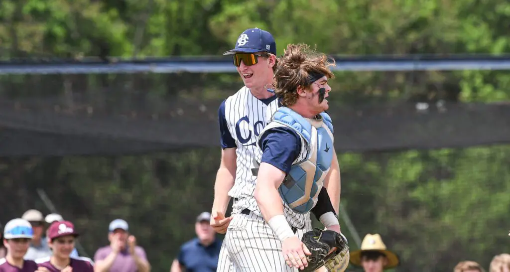 CBA seniors Dan Russo (left) and Dan Tsimbinos celebrate defeated Ranney in the Monmouth County Tournament. (Photo: Tom Smith | tspsportsimages.com)