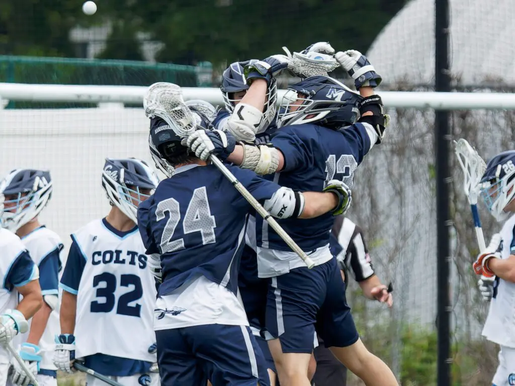 Manasquan celebrates a goal during the its 9-7 win over CBA in the Shore Conference Tournament semifinals on May 17, 2025. (Bob Badders | rpbphotography.com)