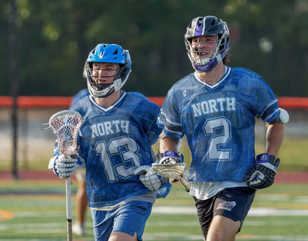 Shore Conference Boys Lacrosse Senior All-Star Game, June 12, 2025 - Shore Sports Insider Frank Argilagos, Rumson-Fair Haven (2) & Tucker Malfa, Shore Regional (13). (Bob Badders | rpbphotography.com) - Shore Conference Boys Lacrosse Senior All-Star Game, June 12, 2025