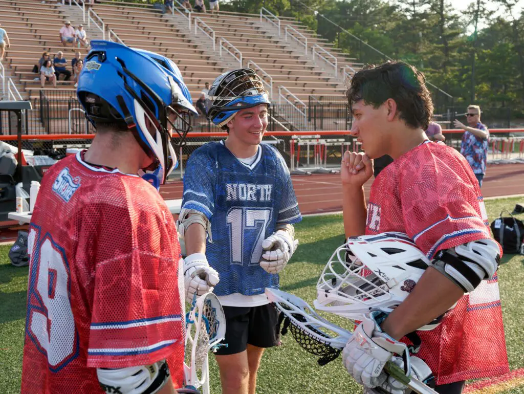 Shore Conference Boys Lacrosse Senior All-Star Game, June 12, 2025 - Shore Sports Insider All-Star FOGOs Brendan O'Brien (left), Jack Powers (17) and Jake Piedrahita (right). (Bob Badders | rpbphotography.com) - Shore Conference Boys Lacrosse Senior All-Star Game, June 12, 2025