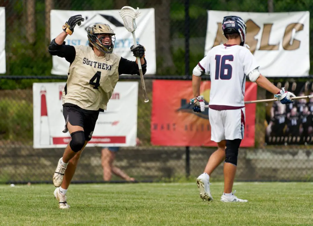 Senior midfielder Joe Kessler celebrates one of his team-high three goals during Southern's 10-8 win over Eastern in the NJSIAA South Group 4 boys lacrosse sectional semifinals on Thursday, June 5, 2025 in Stafford Township. (Bob Badders | rpbphotography.com)