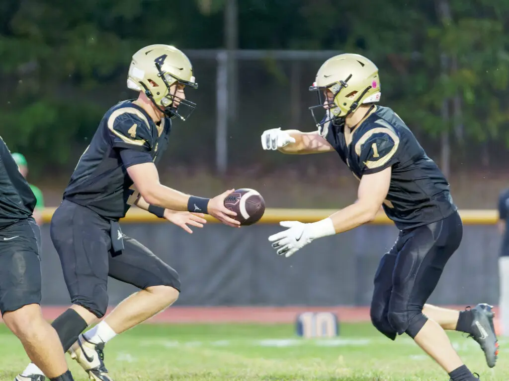Junior quarterback Carson Abbato (4) and senior running back Aidan Covell (1) combined for all five touchdowns in Southern's 35-7 win over Brick. (Photo credit: Bob Badders | rpbphotography.com)