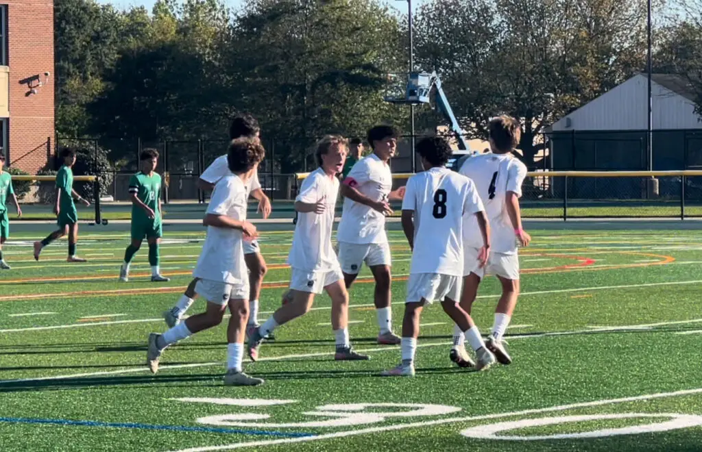 Southern celebrates the first of two goals by senior Brody Nacarlo (third from left). (Image: Matt Manley)