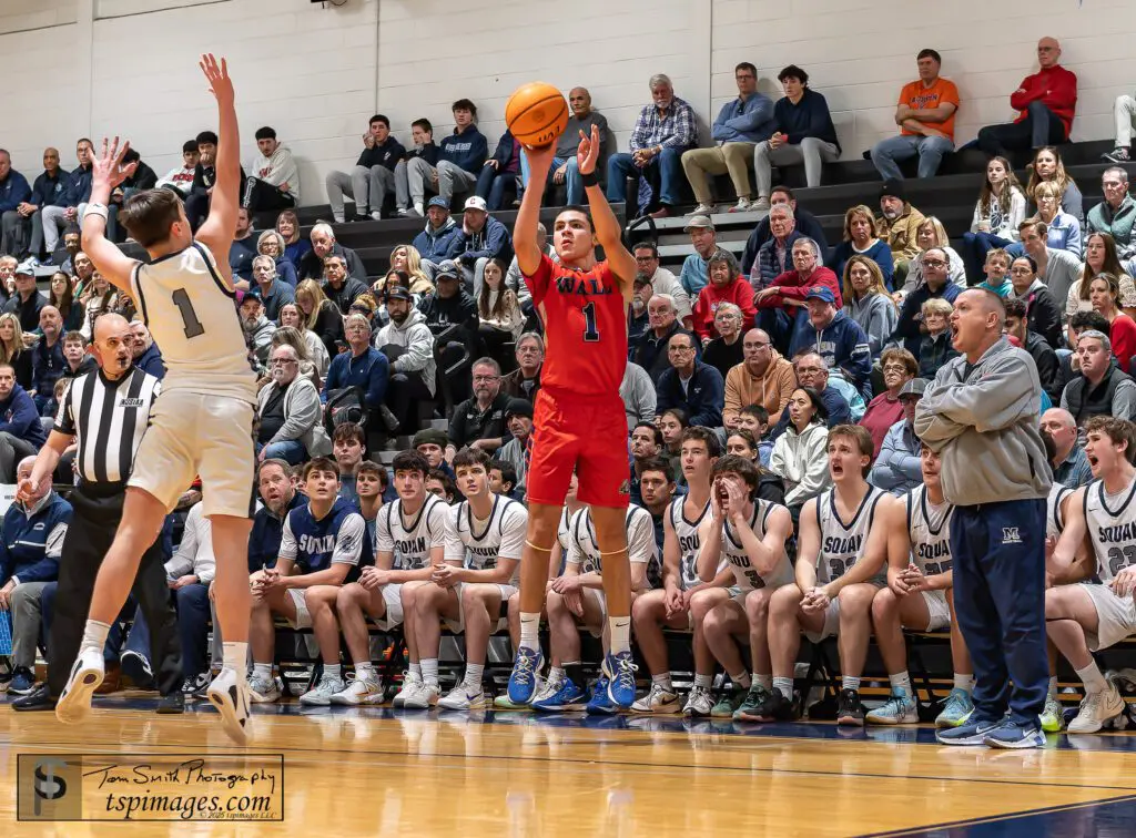 Wall senior Jake DeBrito fires up a three-pointer late in the second quarter. (Photo: Tom Smith | tspsportsimages.com)