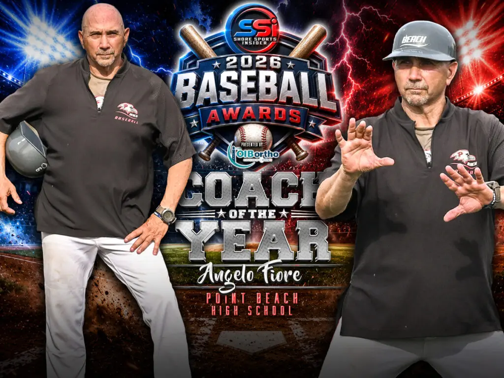 2026 Baseball Awards poster featuring Angelo Fiore, Coach of the Year, Point Beach High School, with two coaches on either side of the logo