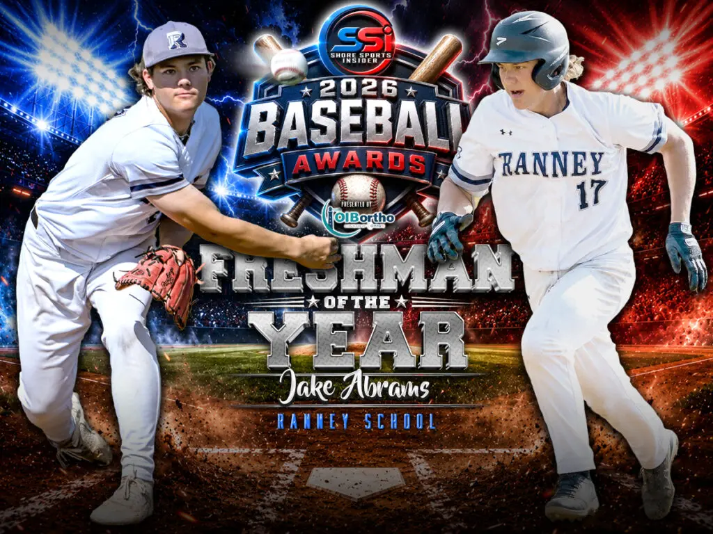 Promotional baseball awards poster with two players, central 'Freshman of the Year' title and Jake Abrams (Ranney School).