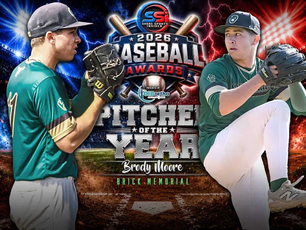 Dramatic baseball awards poster showing two pitchers facing off, with a central shield logo reading '2026 Baseball Awards' and 'Pitcher of the Year' featuring the name Brody Moore against a stadium background.