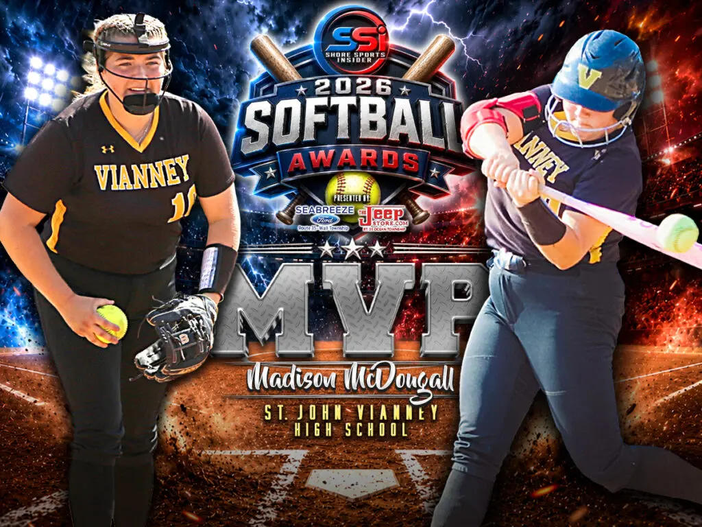 Award graphic for 2026 Softball Awards featuring two players, with a bold MVP badge and 'Madison McDougall' text for St. John Vianny High School behind them.