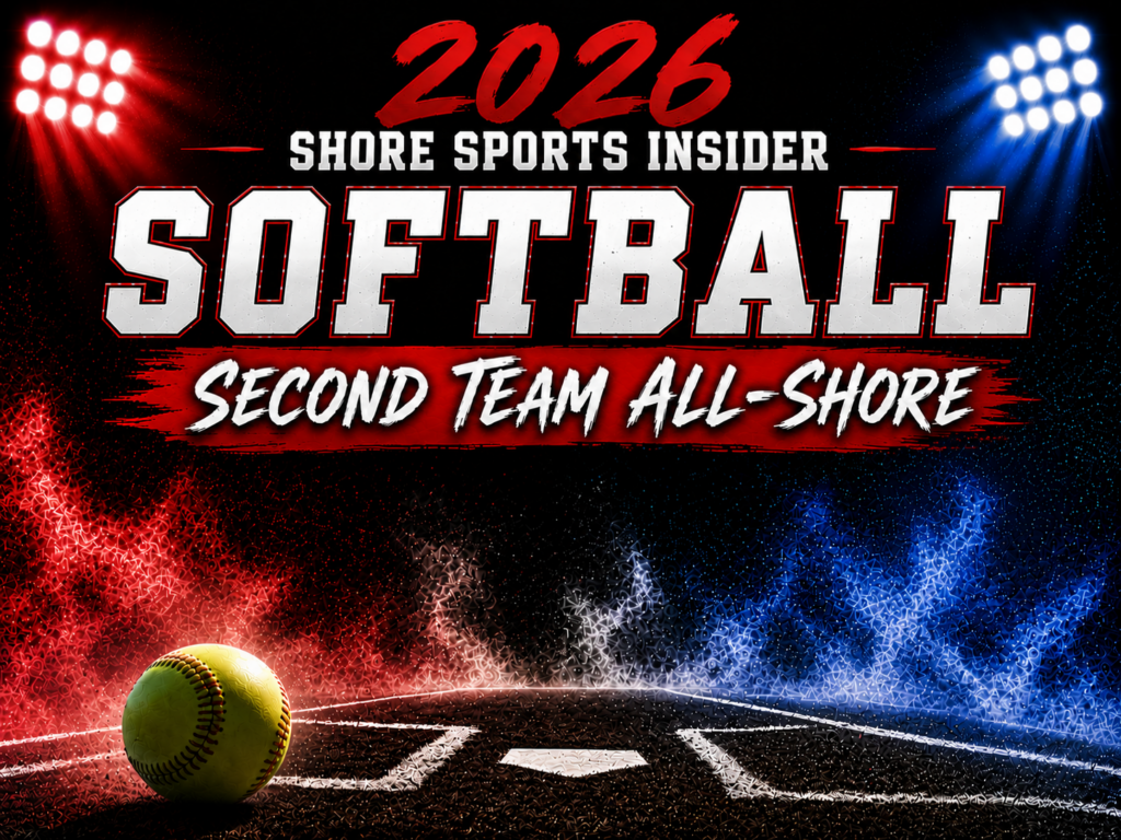 2026 Shore Sports Insider softball poster announcing Second Team All-Shore, with red and blue stadium lights and a baseball on the infield.