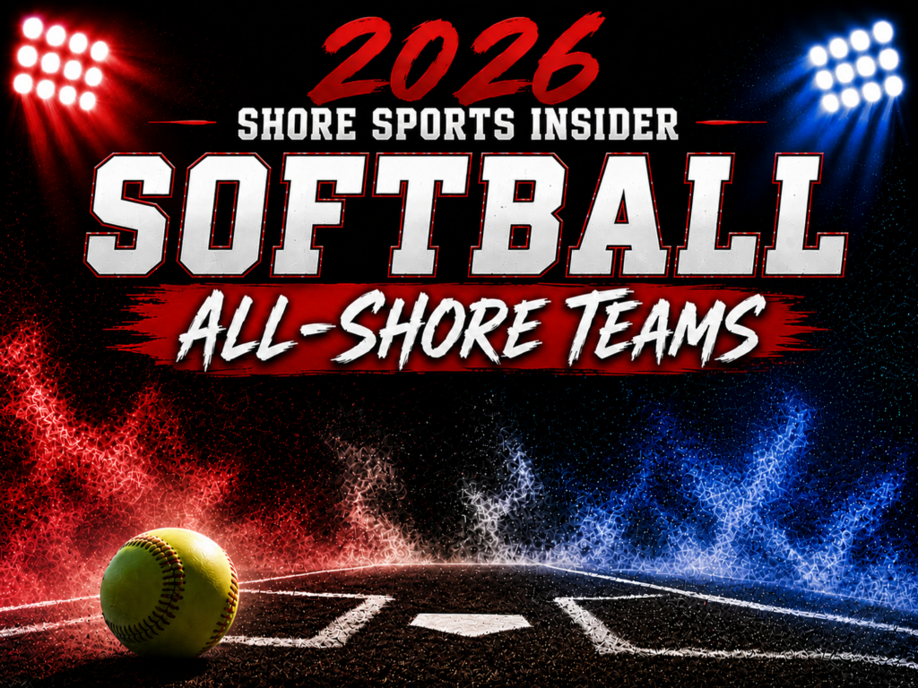 Promotional poster reading '2026 Shore Sports Insider Softball All-Shore Teams' with a baseball on a dark field under red and blue stadium lights