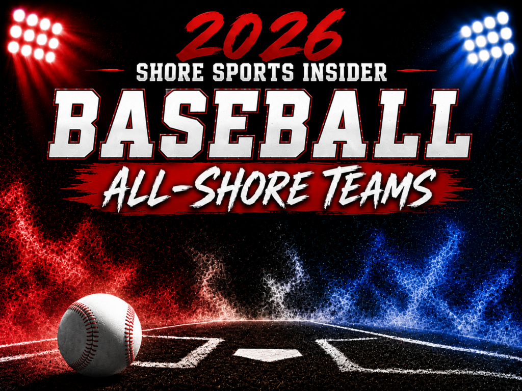 2026 Shore Sports Insider Baseball All-Shore Teams poster with a baseball on a stylized field and red/blue stadium lights behind.