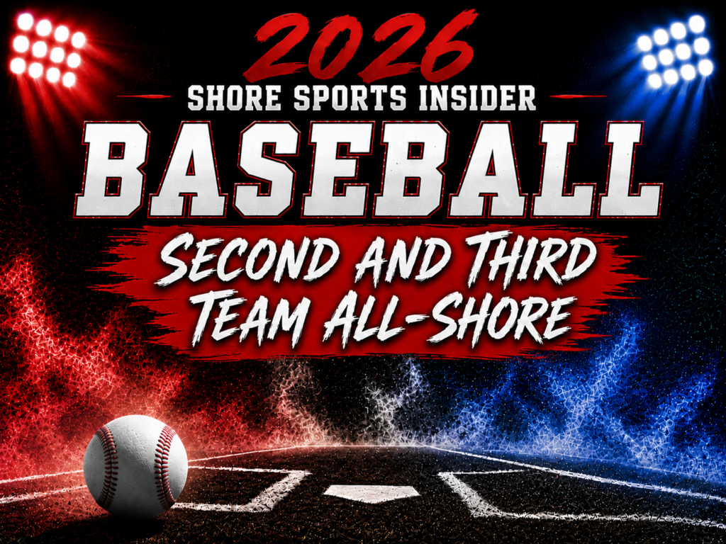 Poster announcing the 2026 Shore Sports Insider Baseball Second and Third Team All-Shore, with red and blue stadium lights and a baseball on the field.