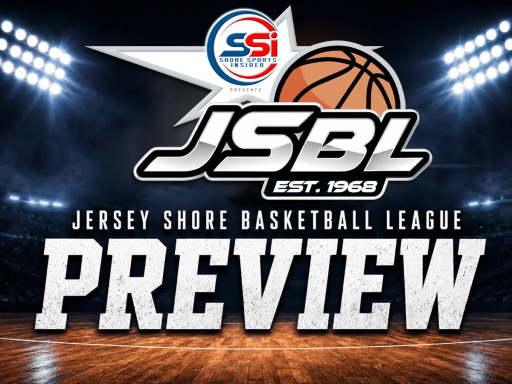 Banner for the JSBL Jersey Shore Basketball League Preview featuring a basketball logo, large PREVIEW text, and a lit arena backdrop on a wooden court.