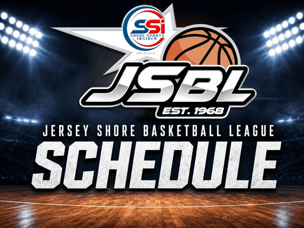 JSBL schedule graphic with the Jersey Shore Basketball League logo and a basketball graphic over a lit stadium background and wooden court floor.