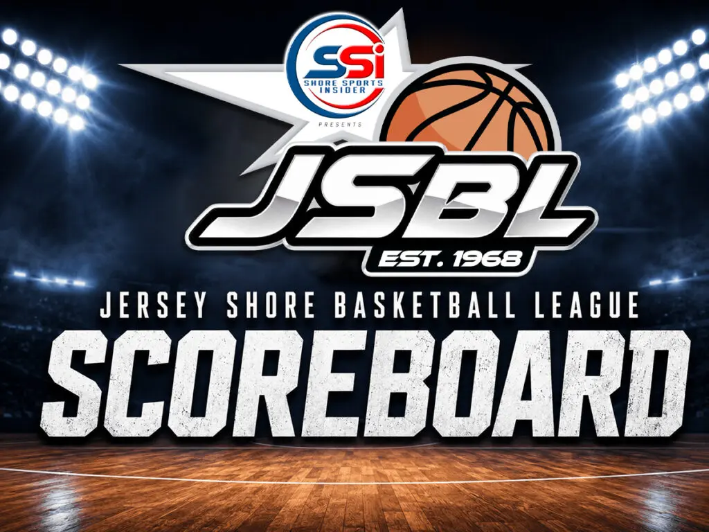 Logo banner for JSBL Jersey Shore Basketball League, EST. 1968, with a basketball and 'SCOREBOARD' title on a gym floor backdrop