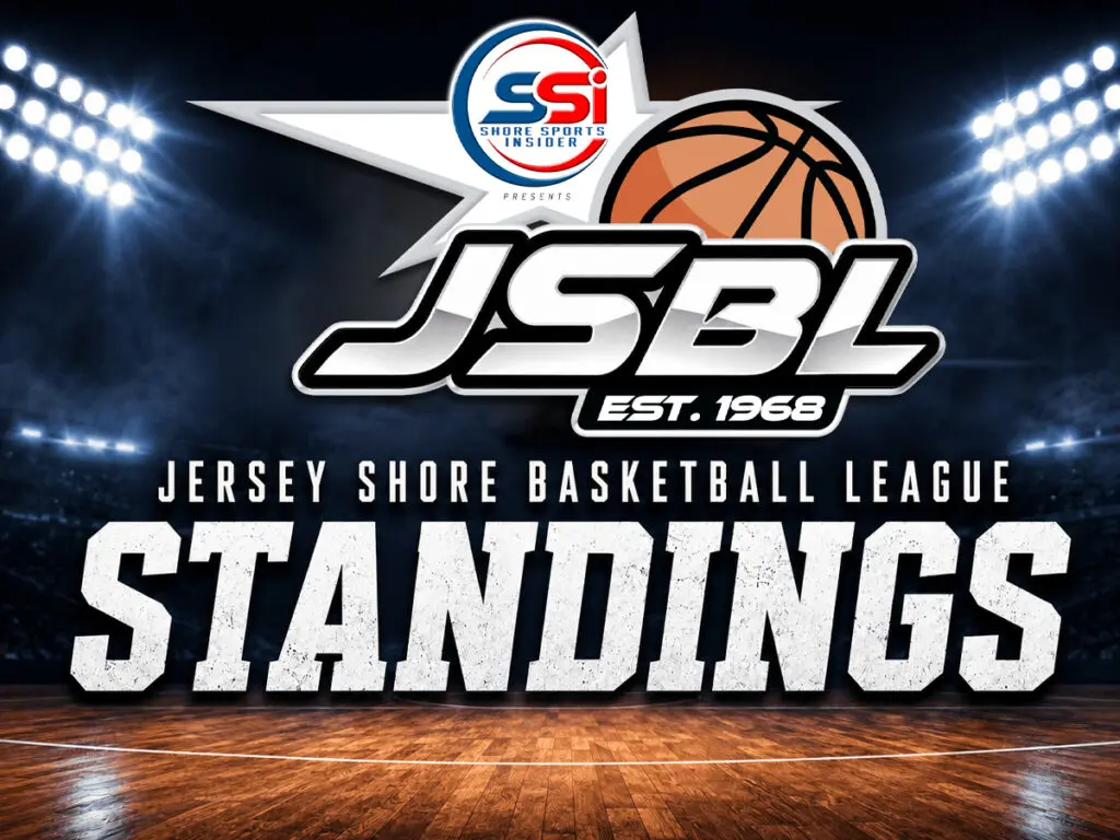 Graphic for Jersey Shore Basketball League standings featuring JSBL logo, basketball, and a wooden court background