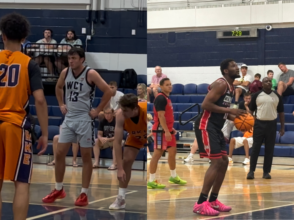 Two-panel image of a basketball game: left shows an orange-jersey defender and a gray-jersey player near the baseline; bleachers in back, players and spectators watching.