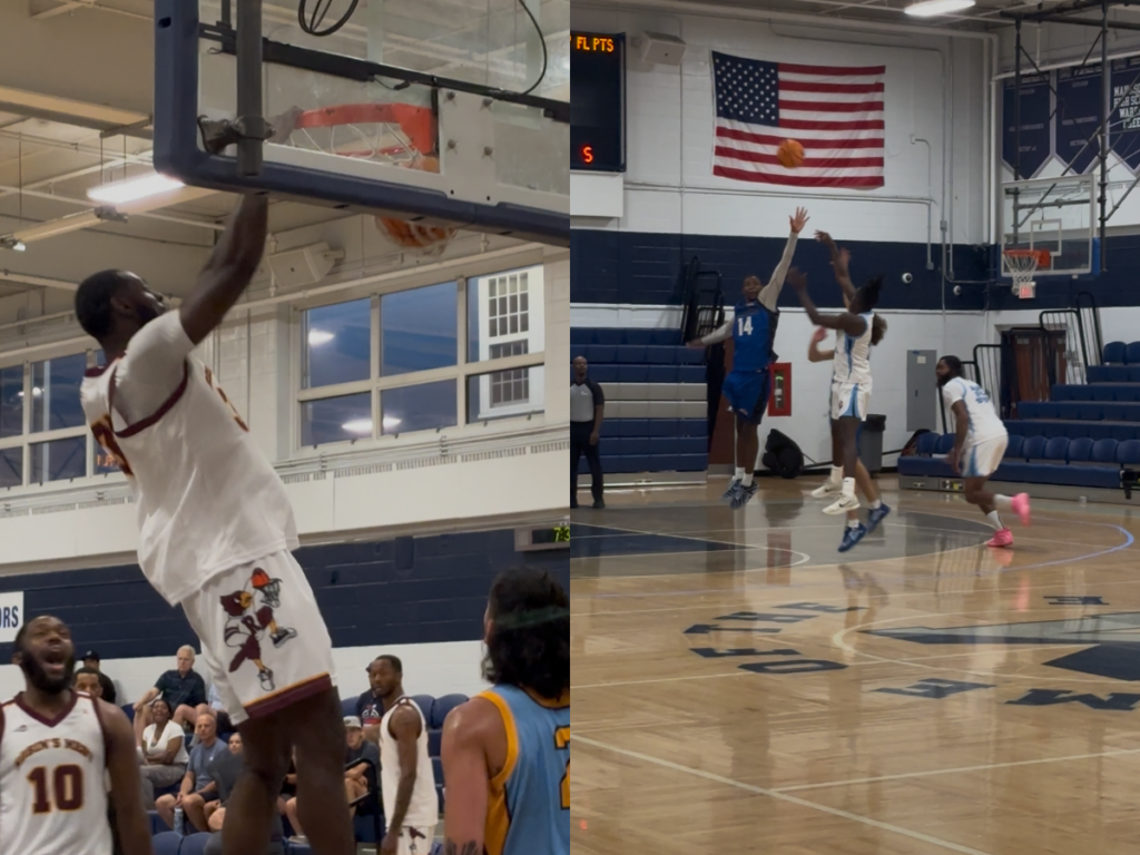 Two basketball scenes: left, a player dunks the ball while others watch from the court side, gym lights and crowd in the background; right, players jump to contest a shot near the basket as an American flag hangs on the wall.