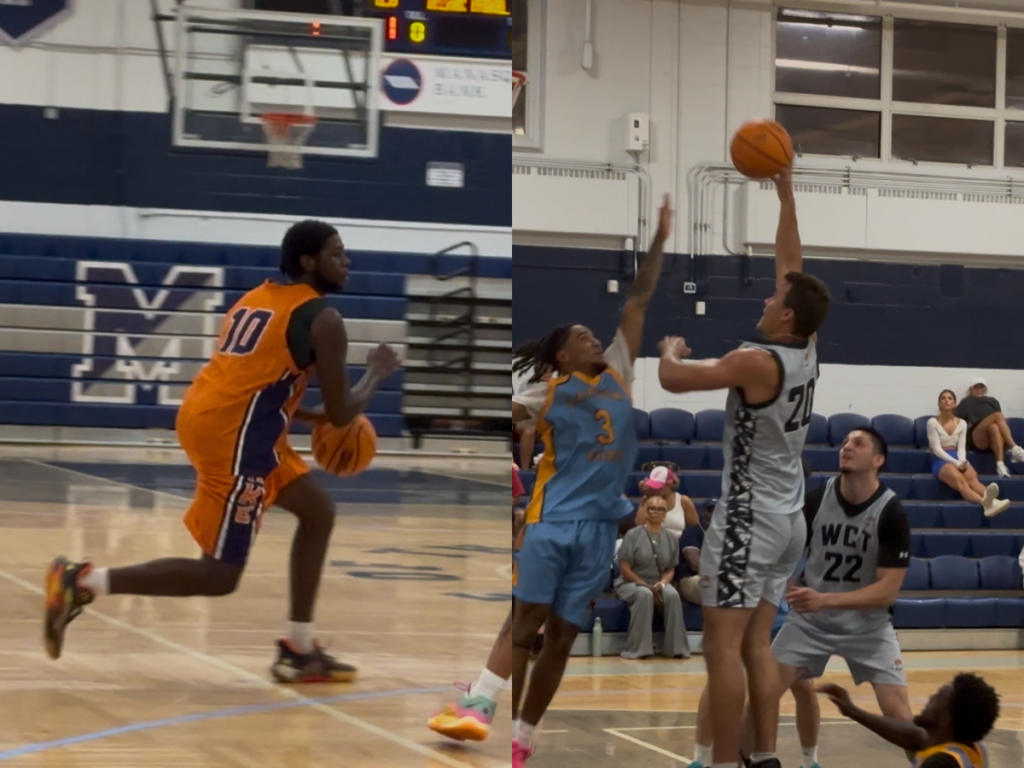 Left: basketball player in orange jersey number 10 dribbles toward the basket on an indoor court.